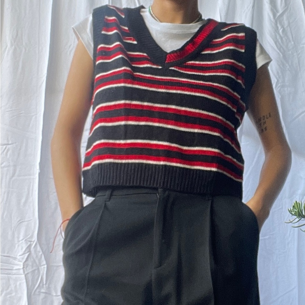 Vintage black & red striped v neck sweater vest